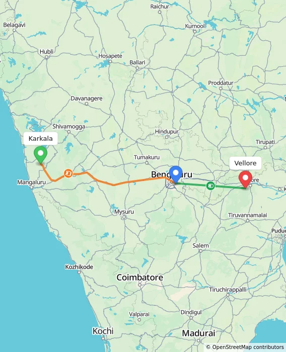 Route map showing distance and travel time from Karkala, India to Vellore, India