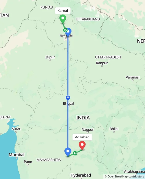 Route map showing distance and travel time from Karnal, India to Adilabad, India