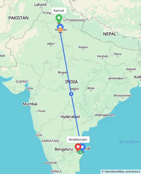 Route map showing distance and travel time from Karnal, India to Arakkonam, India