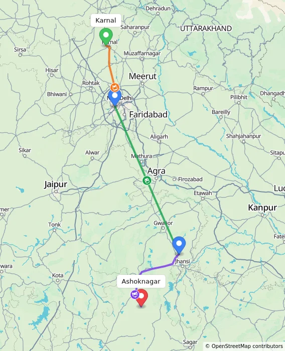 Route map showing distance and travel time from Karnal, India to Ashoknagar, India