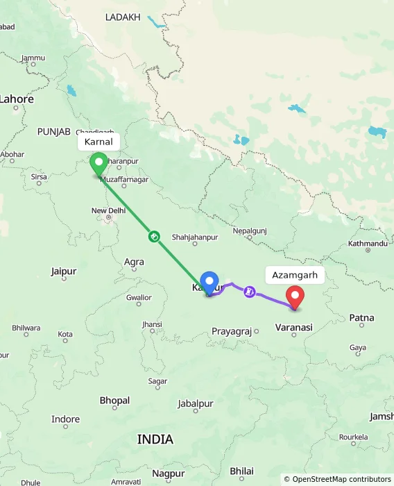 Route map showing distance and travel time from Karnal, India to Azamgarh, India