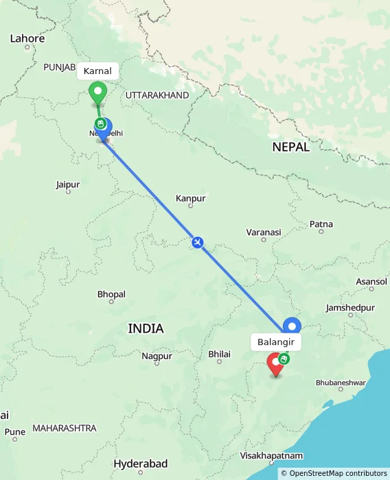 Route map showing distance and travel time from Karnal, India to Balangir, India