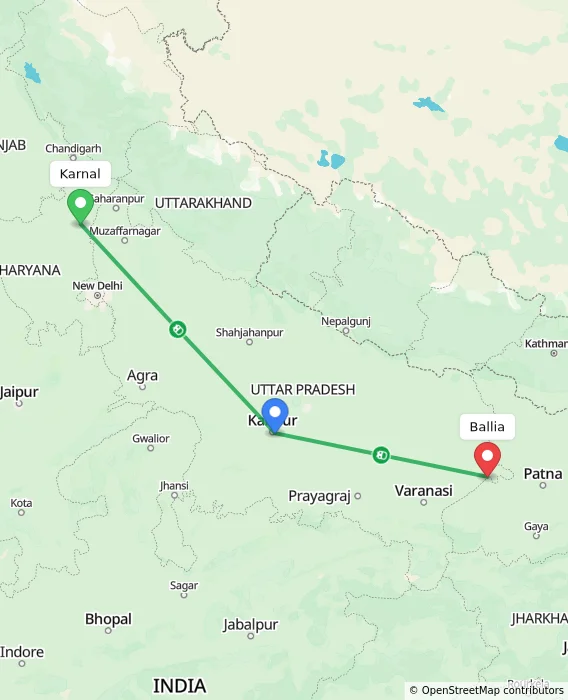Route map showing distance and travel time from Karnal, India to Ballia, India