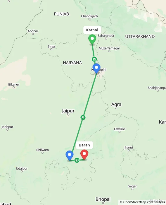 Route map showing distance and travel time from Karnal, India to Baran, India