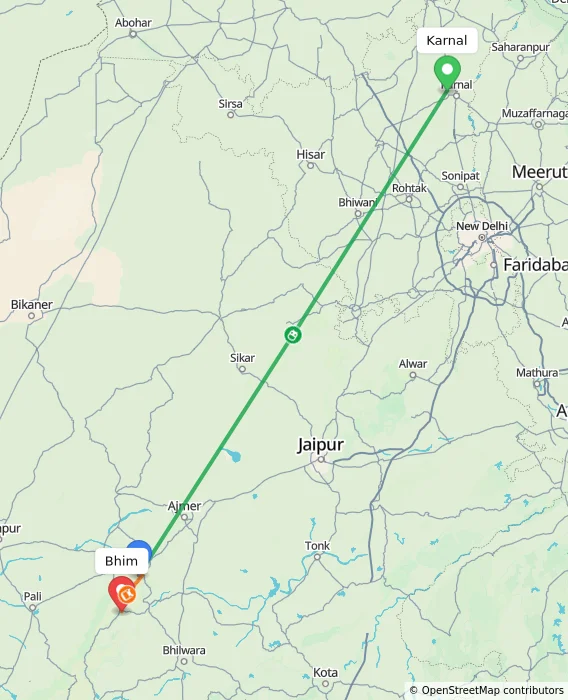Route map showing distance and travel time from Karnal, India to Bhim, India