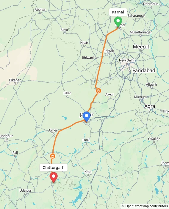 Route map showing distance and travel time from Karnal, India to Chittorgarh, India
