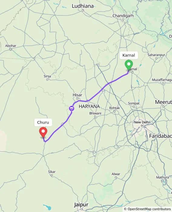 Route map showing distance and travel time from Karnal, India to Churu, India