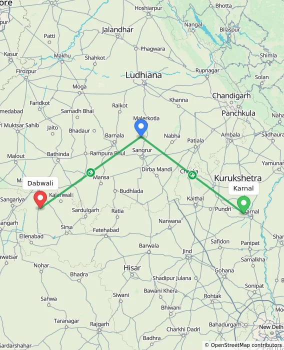 Route map showing distance and travel time from Karnal, India to Dabwali, India