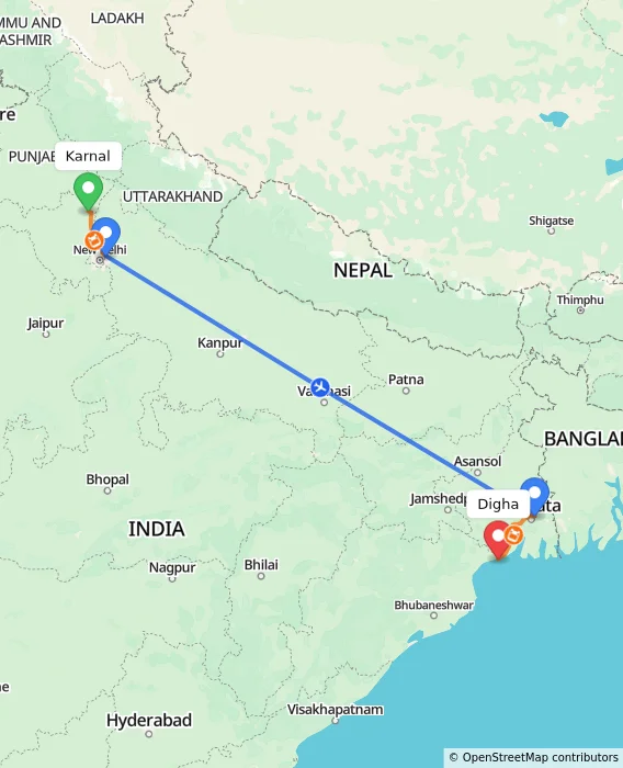 Route map showing distance and travel time from Karnal, India to Digha, India