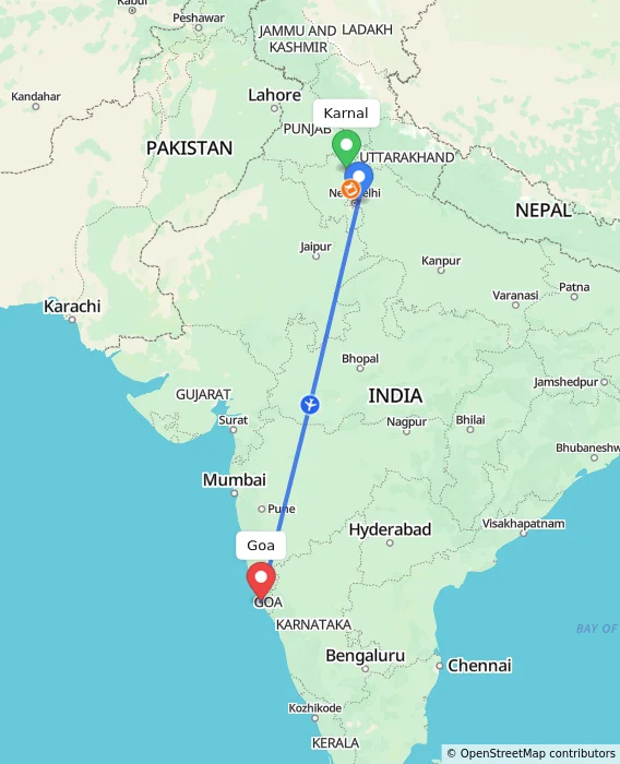 Route map showing distance and travel time from Karnal, India to Goa, India