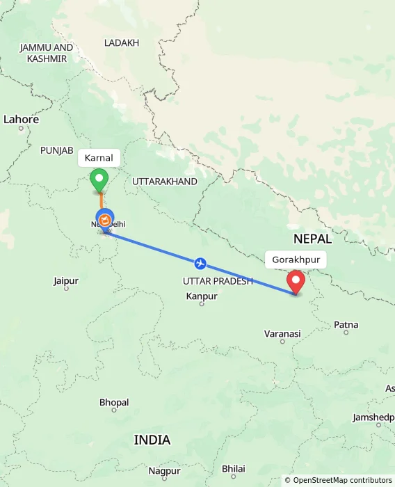 Route map showing distance and travel time from Karnal, India to Gorakhpur, India