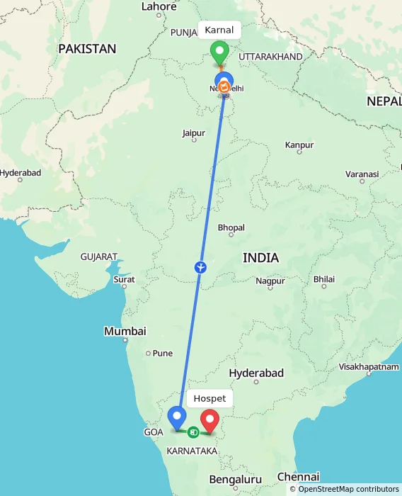 Route map showing distance and travel time from Karnal, India to Hospet, India