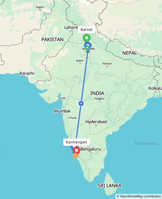 Route map showing distance and travel time from Karnal, India to Kanhangad, India