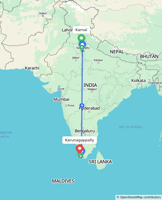 Route map showing distance and travel time from Karnal, India to Karunagappally, India
