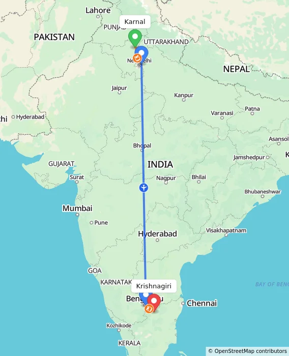 Route map showing distance and travel time from Karnal, India to Krishnagiri, India