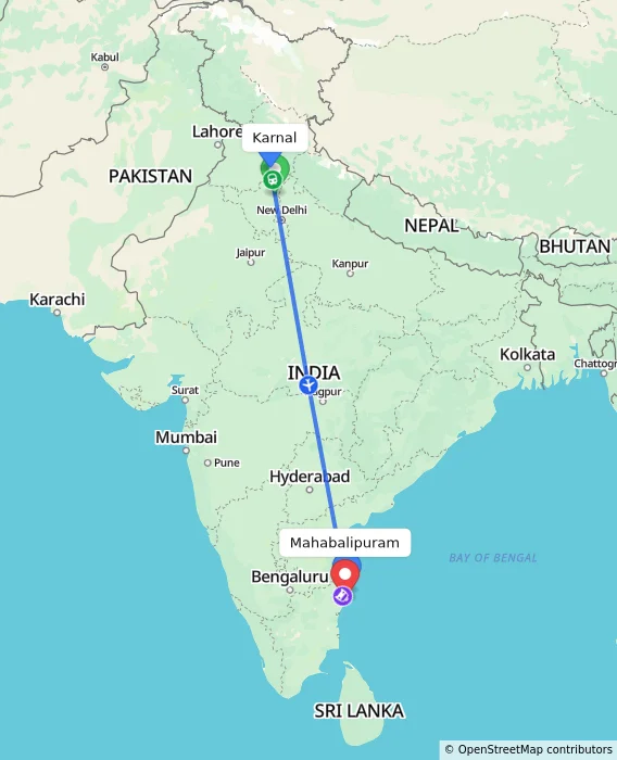 Route map showing distance and travel time from Karnal, India to Mahabalipuram, India
