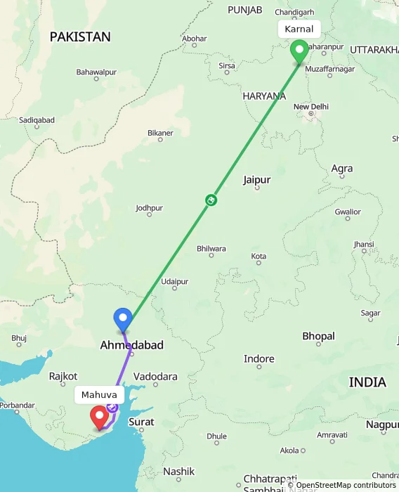 Route map showing distance and travel time from Karnal, India to Mahuva, India