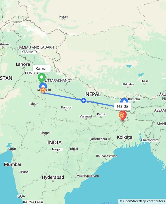 Route map showing distance and travel time from Karnal, India to Malda, India