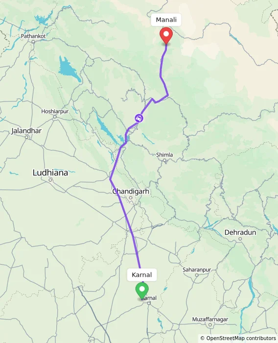 Route map showing distance and travel time from Karnal, India to Manali, India