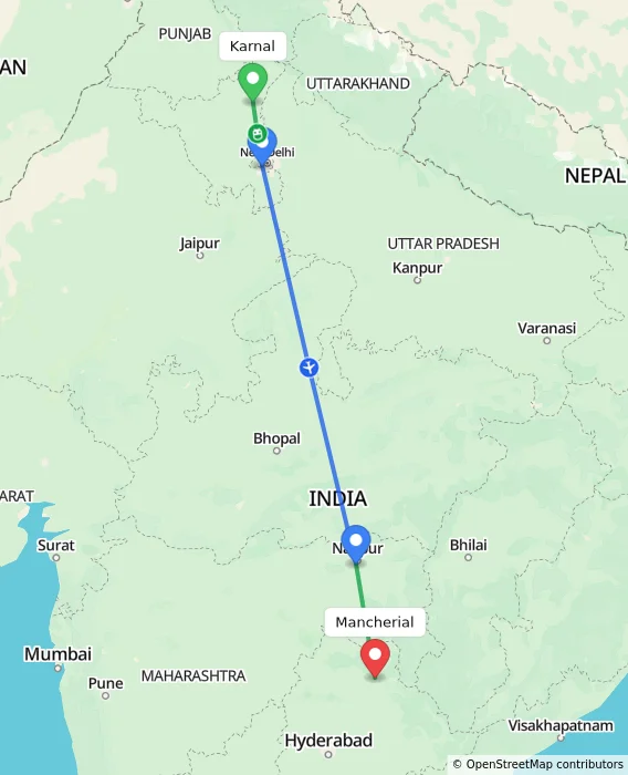Route map showing distance and travel time from Karnal, India to Mancherial, India