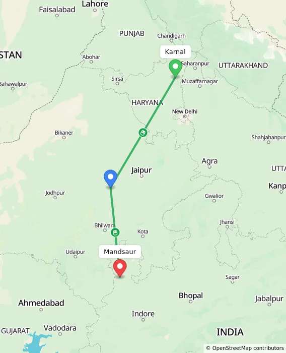 Route map showing distance and travel time from Karnal, India to Mandsaur, India