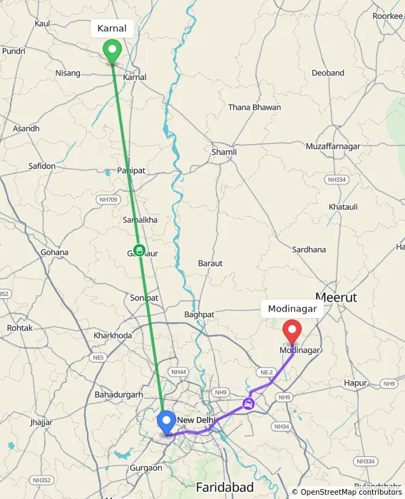 Route map showing distance and travel time from Karnal, India to Modinagar, India