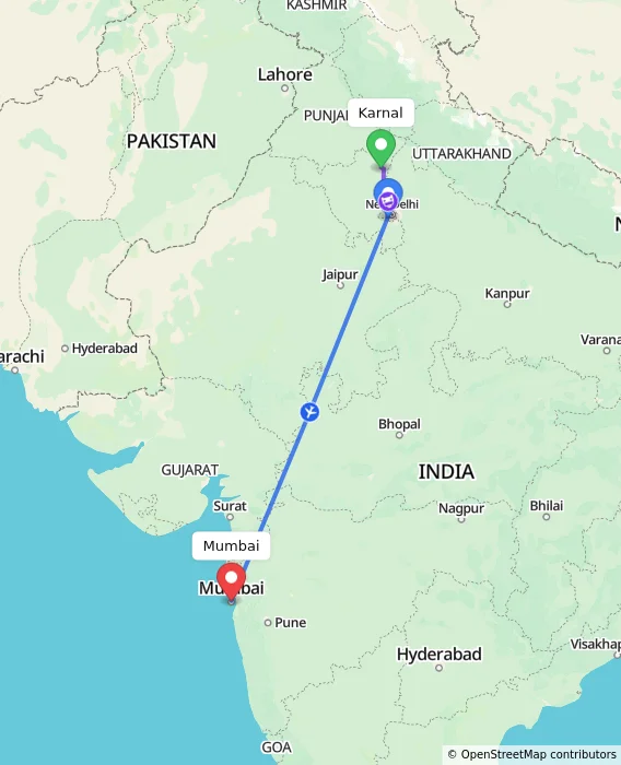 Route map showing distance and travel time from Karnal, India to Mumbai, India