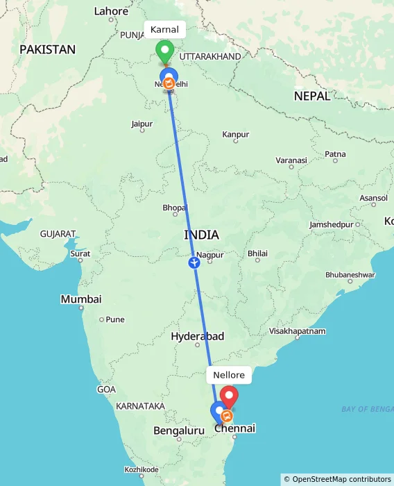Route map showing distance and travel time from Karnal, India to Nellore, India
