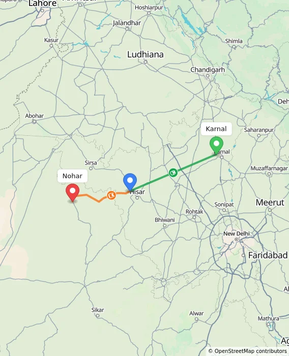 Route map showing distance and travel time from Karnal, India to Nohar, India