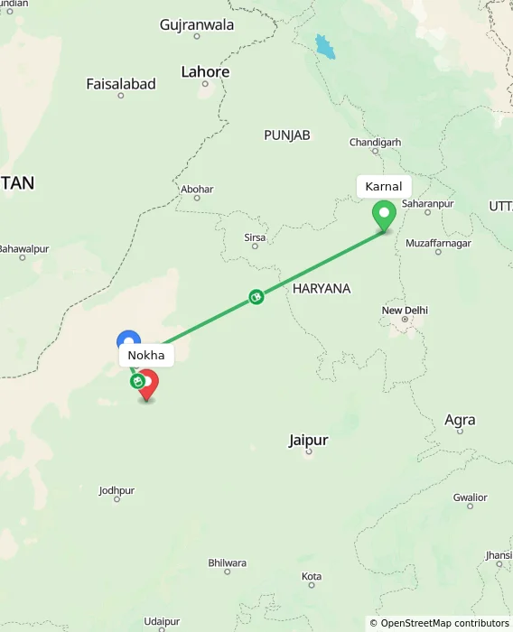 Route map showing distance and travel time from Karnal, India to Nokha, India