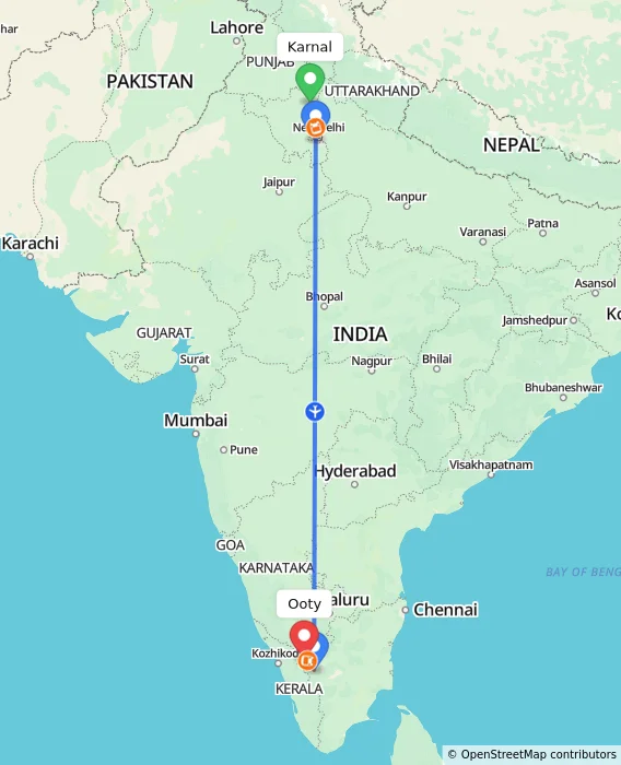 Route map showing distance and travel time from Karnal, India to Ooty, India