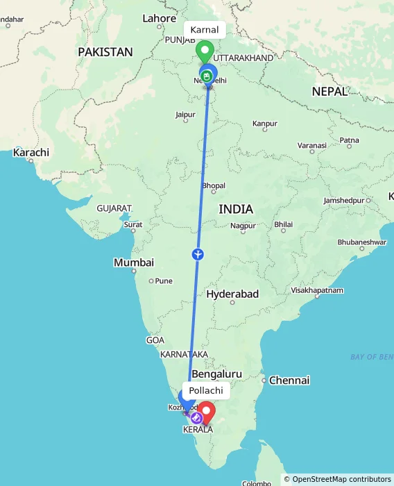Route map showing distance and travel time from Karnal, India to Pollachi, India