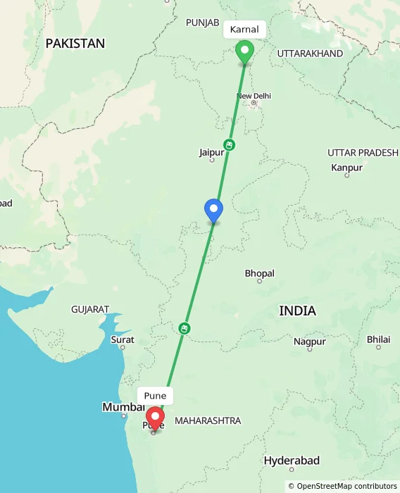 Route map showing distance and travel time from Karnal, India to Pune, India