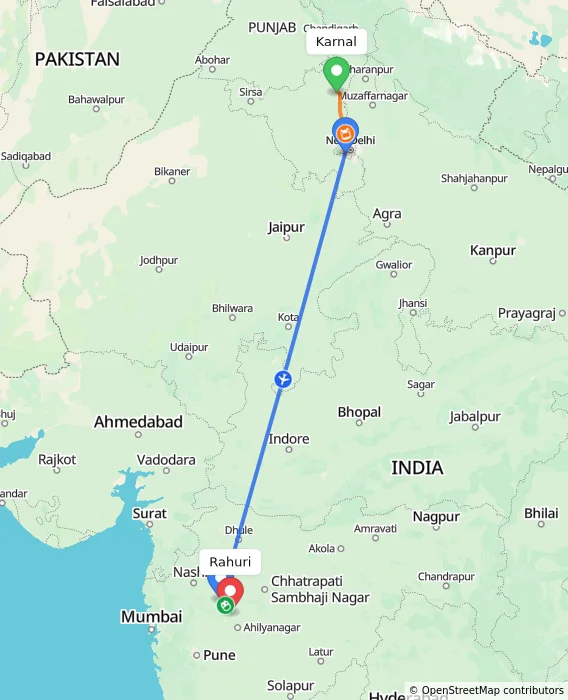 Route map showing distance and travel time from Karnal, India to Rahuri, India