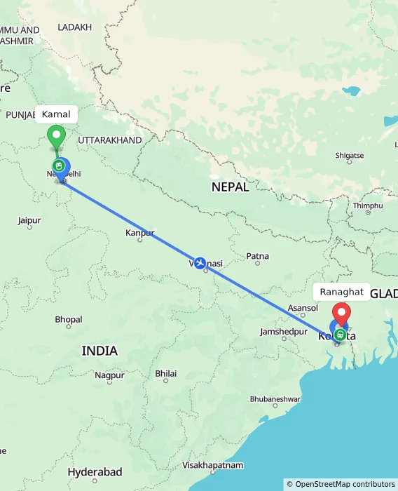 Route map showing distance and travel time from Karnal, India to Ranaghat, India