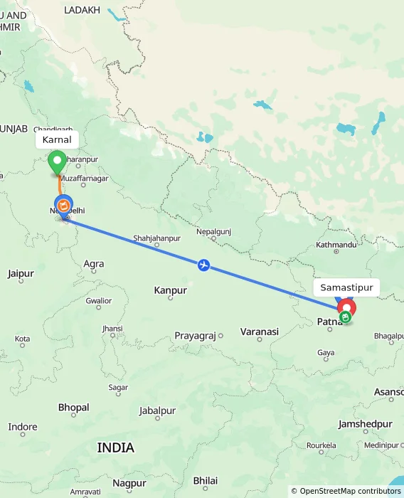 Route map showing distance and travel time from Karnal, India to Samastipur, India