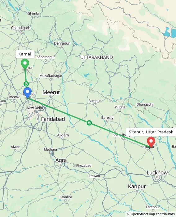 Route map showing distance and travel time from Karnal, India to Sitapur, Uttar Pradesh, India