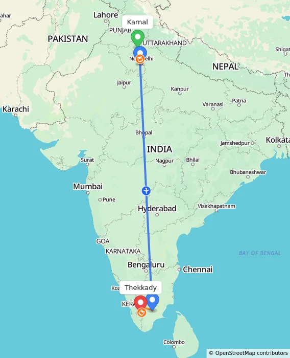 Route map showing distance and travel time from Karnal, India to Thekkady, India