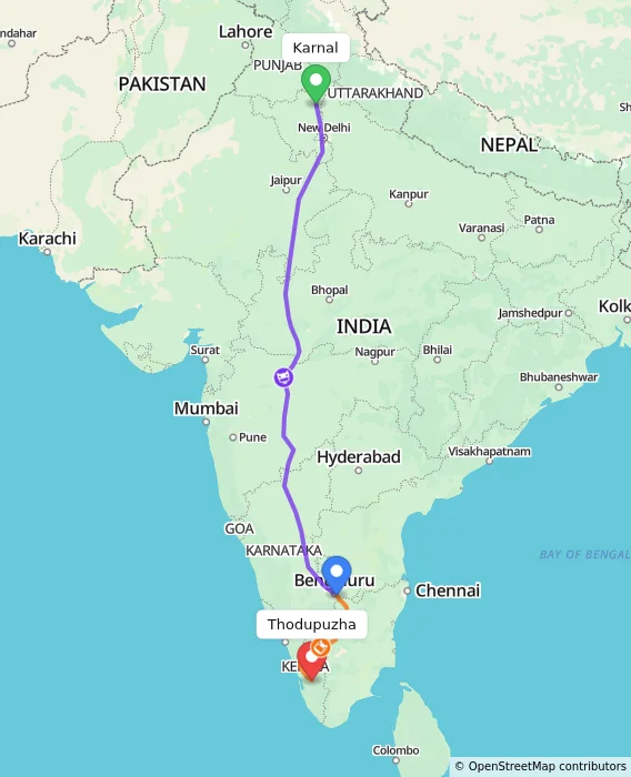 Route map showing distance and travel time from Karnal, India to Thodupuzha, India
