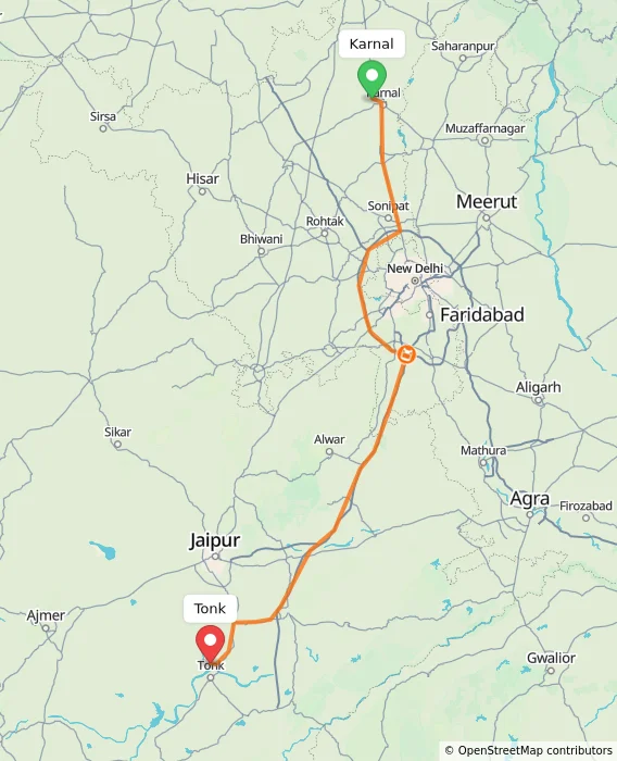 Route map showing distance and travel time from Karnal, India to Tonk, India