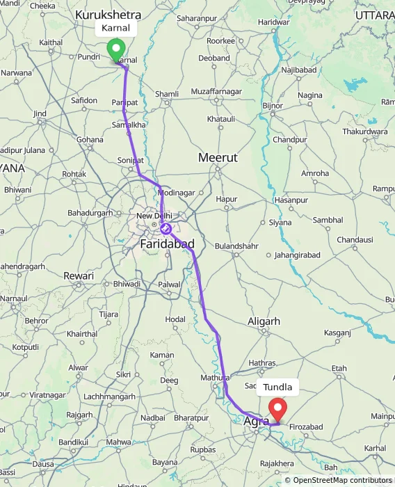 Route map showing distance and travel time from Karnal, India to Tundla, India