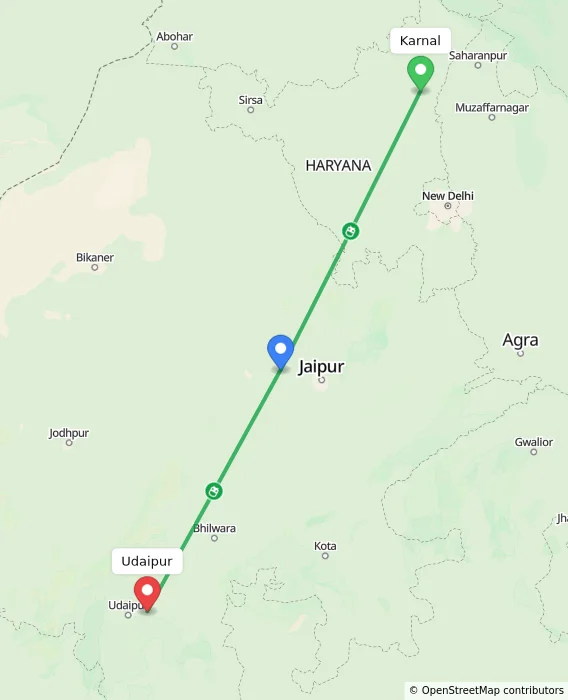 Route map showing distance and travel time from Karnal, India to Udaipur, India