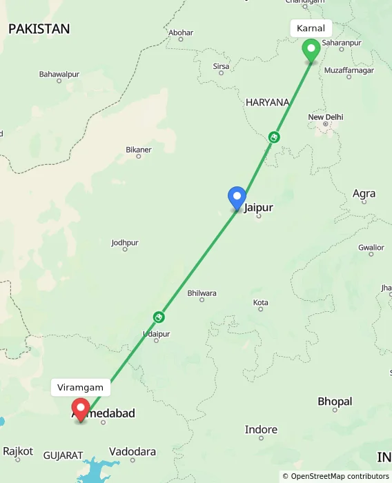 Route map showing distance and travel time from Karnal, India to Viramgam, India