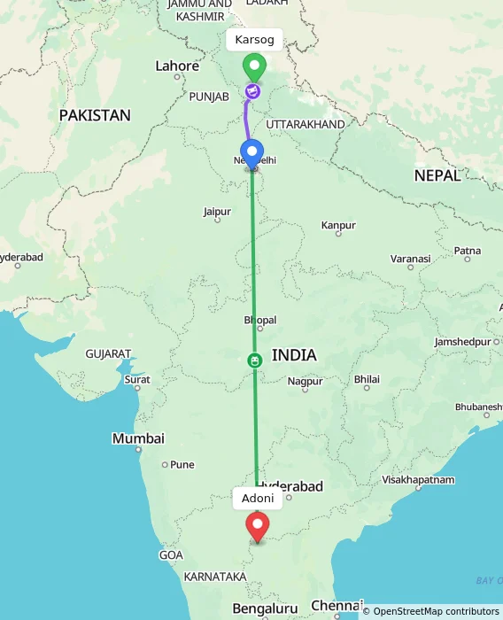Route map showing distance and travel time from Karsog, India to Adoni, India