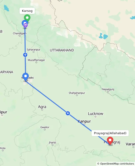 Route map showing distance and travel time from Karsog, India to Allahabad, India