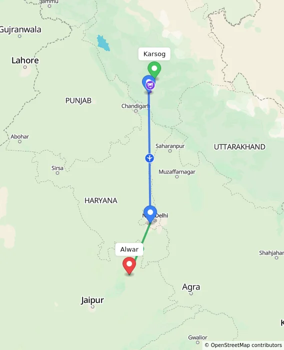 Route map showing distance and travel time from Karsog, India to Alwar, India