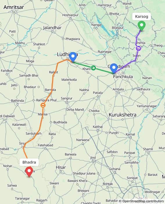 Route map showing distance and travel time from Karsog, India to Bhadra, India