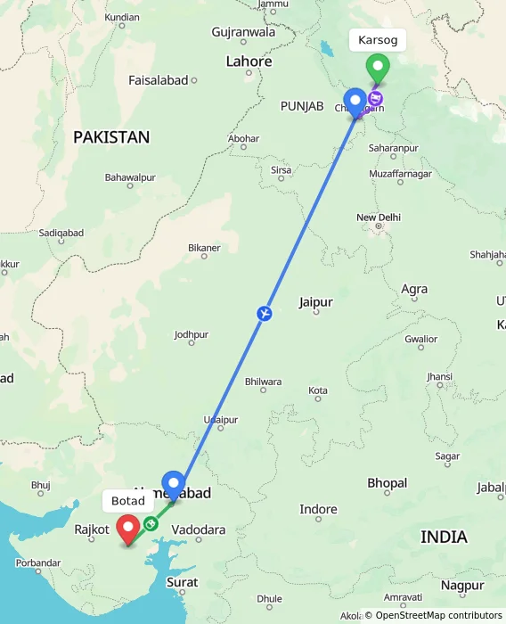 Route map showing distance and travel time from Karsog, India to Botad, India