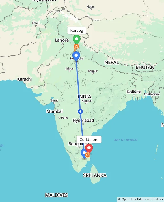 Route map showing distance and travel time from Karsog, India to Cuddalore, India