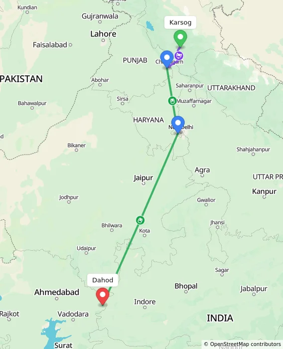 Route map showing distance and travel time from Karsog, India to Dahod, India